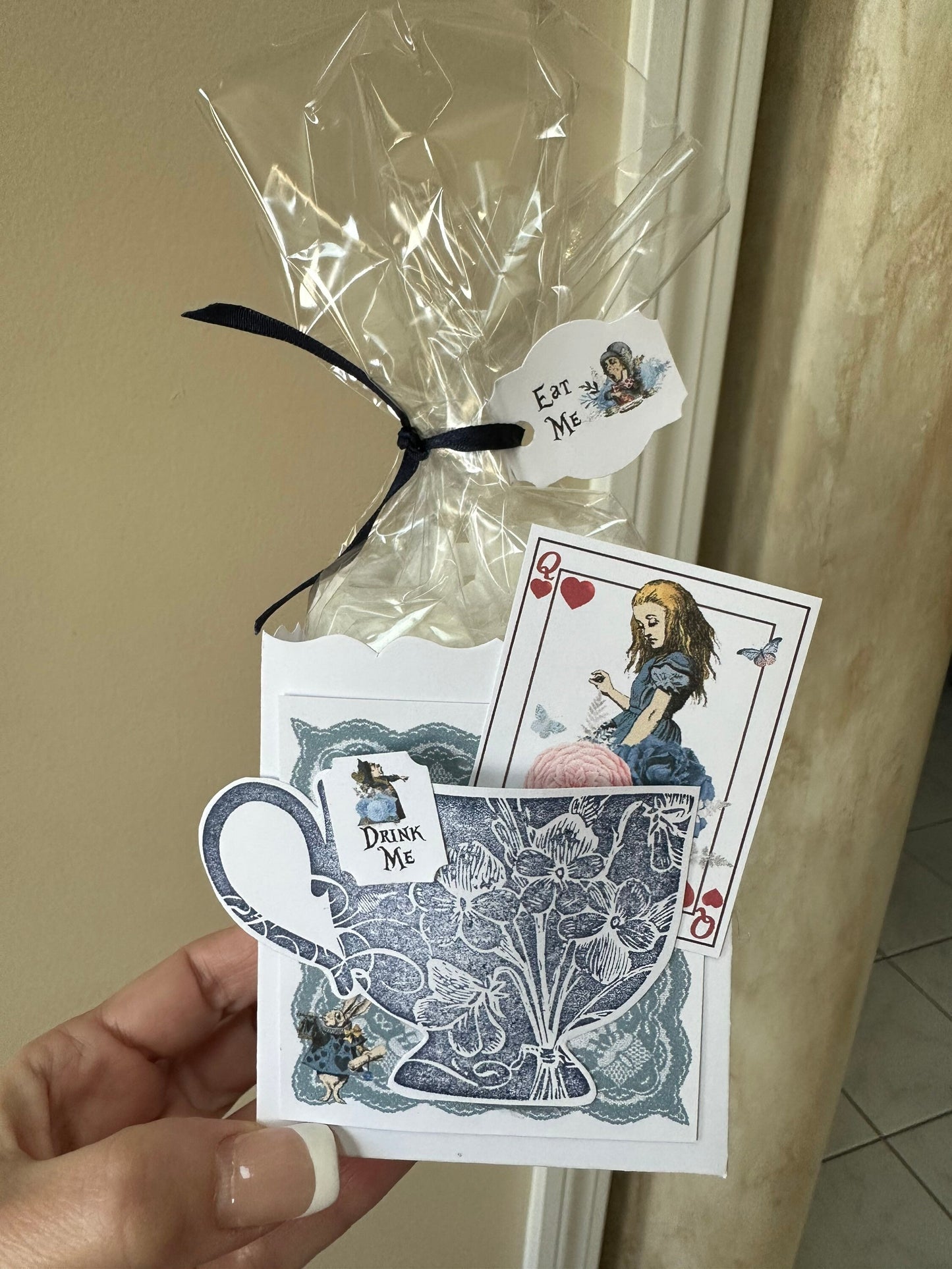 6 Fill My Teacup Navy Blue and Silver Alice in Wonderland tea party favors