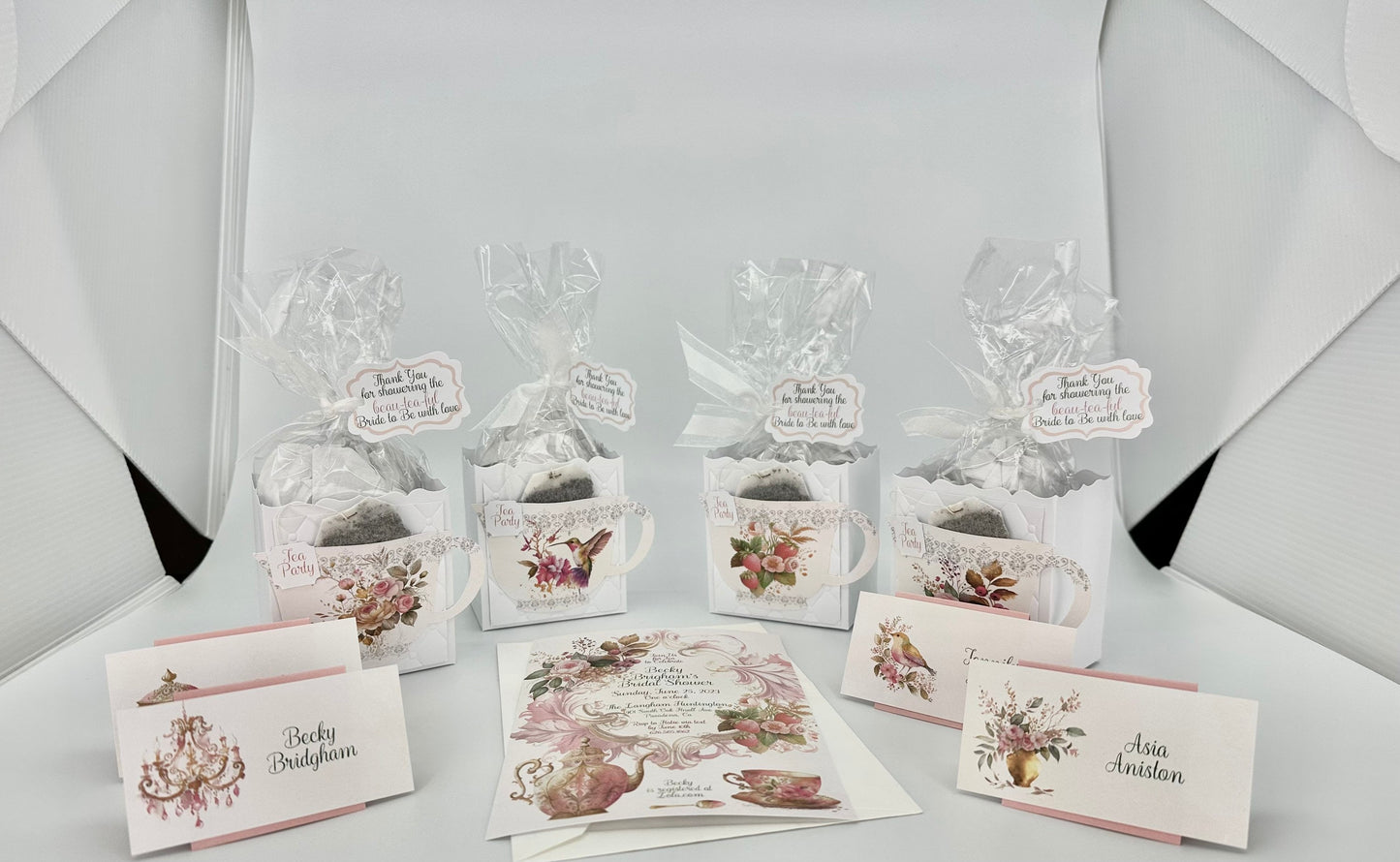 Strawberry Tea Party Ensemble with Invitation Tea Party Favor Gift Box & Bag Place Card for Wedding Bridal Baby Shower Adult Child Birthday