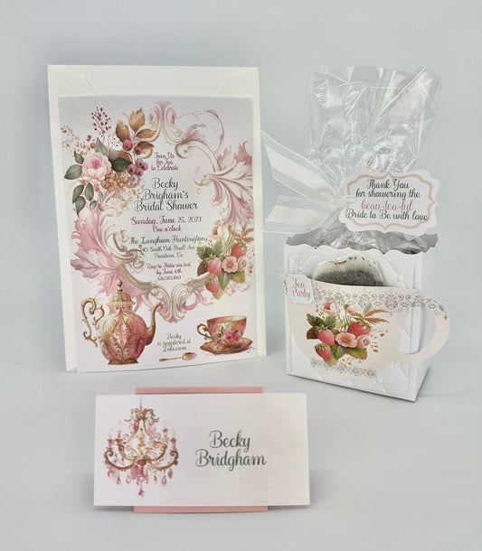 Strawberry Tea Party Ensemble with Invitation Tea Party Favor Gift Box & Bag Place Card for Wedding Bridal Baby Shower Adult Child Birthday