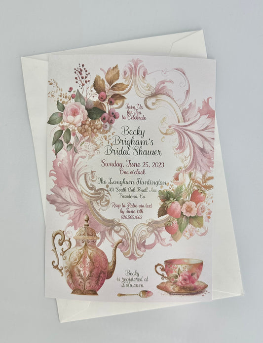 Strawberry Tea Party Invitation for Birthday or Beau-tea-ful Bridal Shower