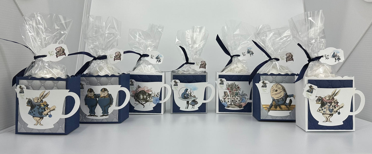 Mad Hatter Alice in Wonderland Party Favors - Navy Blue and Silver Fill My Teacup set of 7