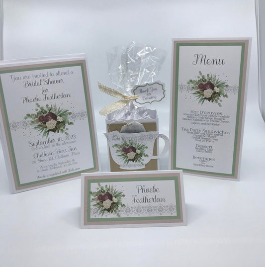Burgundy Floral Tea Party Ensemble – Invitation, Menu, Favor, Place Card