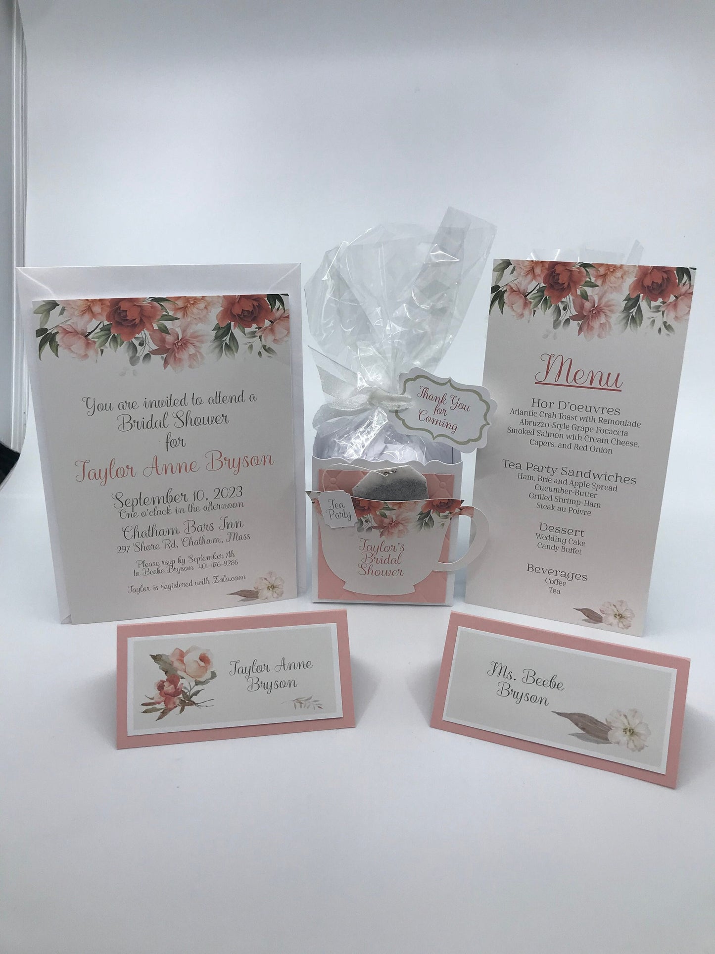 Fall Peony Beau-Tea-Ful Tea Party Ensemble Invite Favor Gift Box & Bag Place Card Bridal Baby Shower Wedding Adult Birthday Special Event