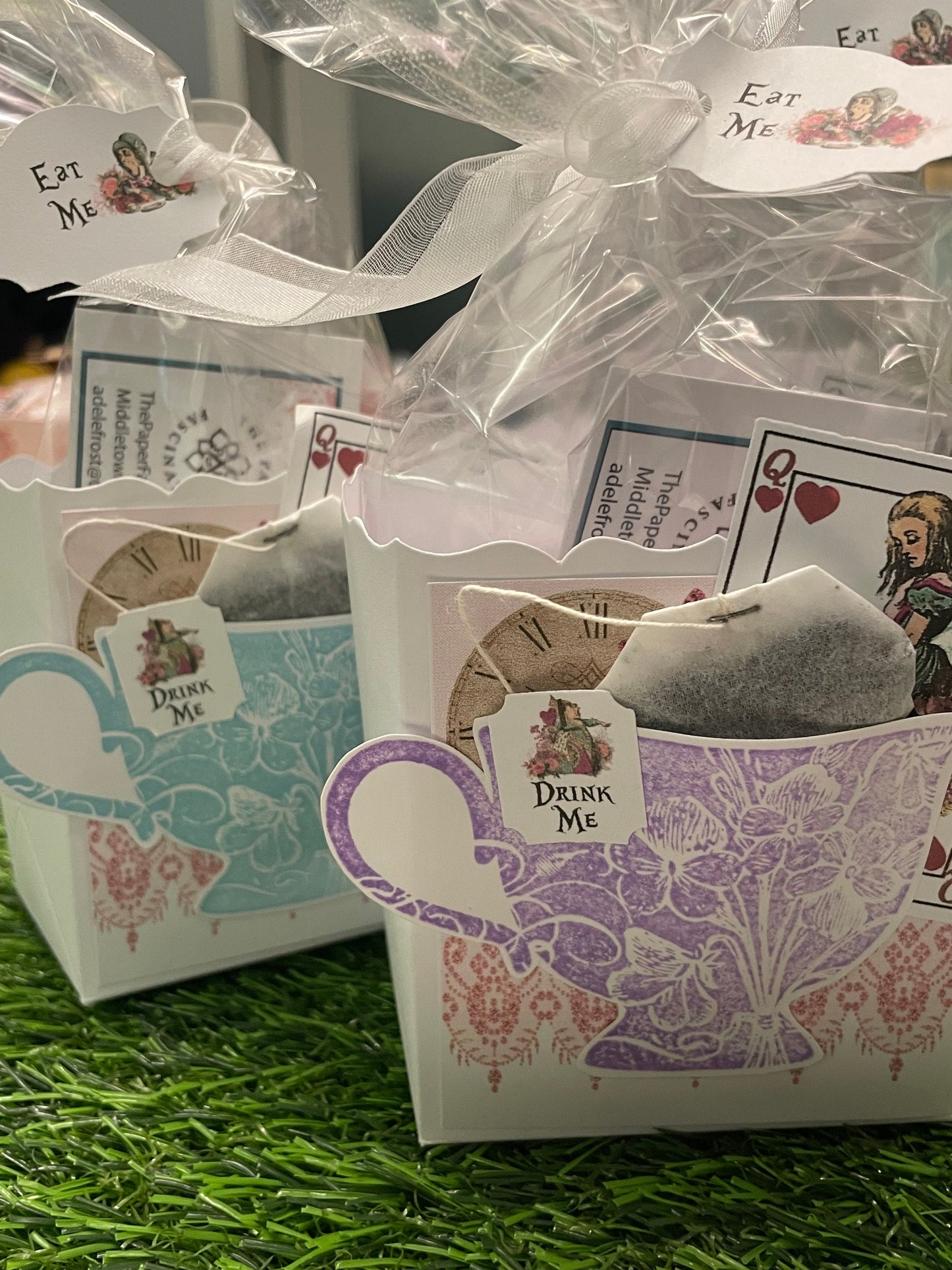 Set of 3 - Fill My Teacup Alice in Wonderland Tea Party Favors Gift Box & Bag - pink, purple and blue for Bridal Shower Birthday Adult Child