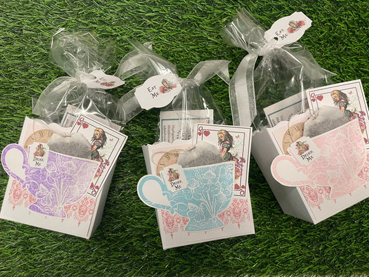 Alice in Wonderland Tea Party Favors Gift Box & Bag - Set of 3 - Fill My Teacup pink, purple and blue