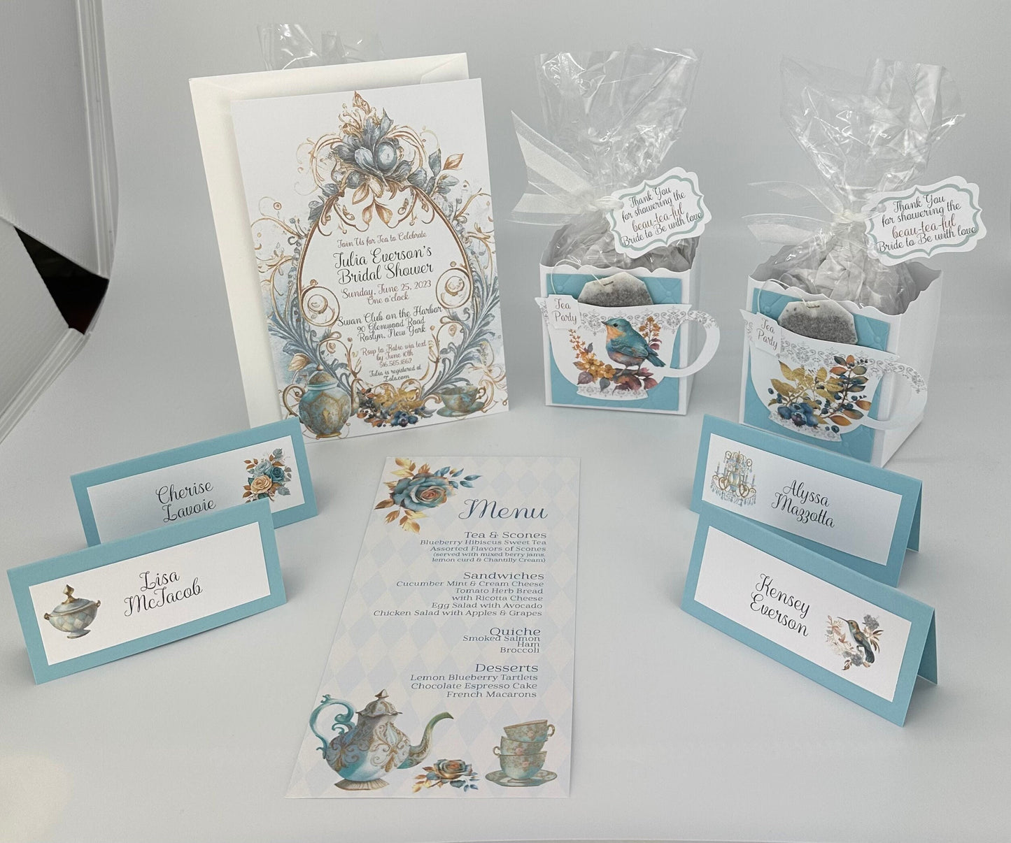 Blueberry Tea Party Ensemble Invitation Menu Place card Party Favor Gift Box & Bag for Wedding Bridal Shower Birthday or Beau-Tea-Ful event