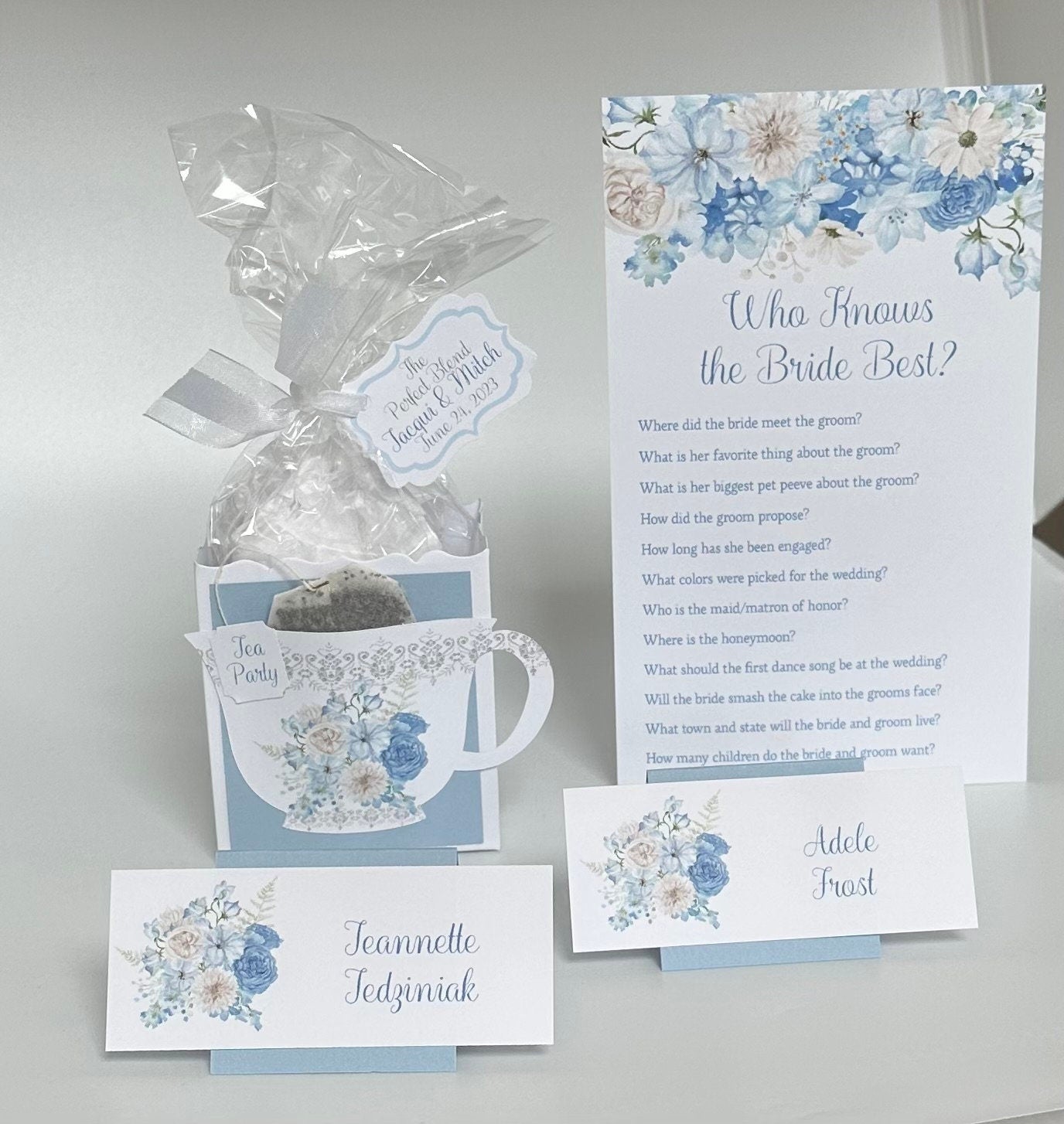 Beau-Tea-Ful Sky Blue Bouquets Tea Party Place Cards Bridal Baby Shower Birthday Wedding Special Corporate Event Planning Mother's Day 80th