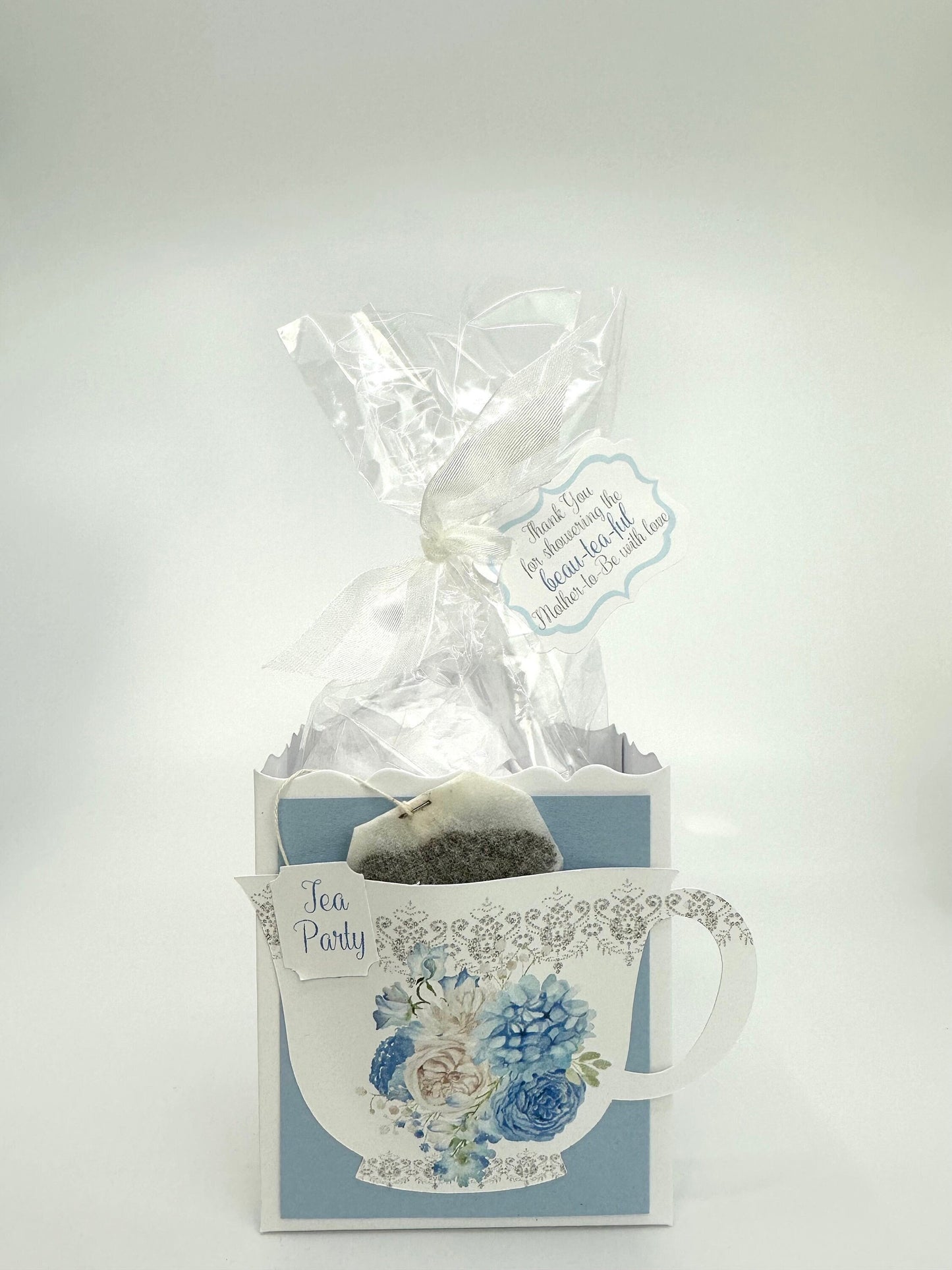 Beau-tea-ful Sky Blue 4 Tea Party Favor Box & Bag Wedding Bridal Baby Shower Birthday Special Corporate Event Planning Mother's Day 80th