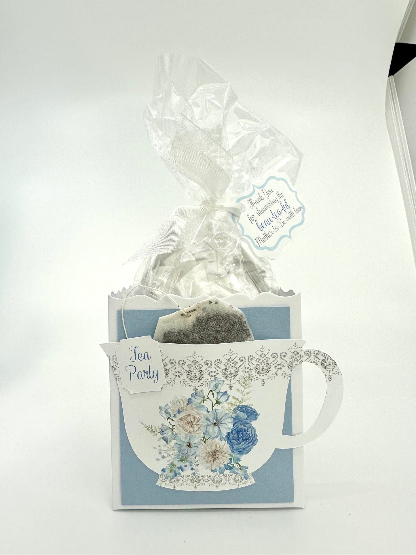 Beau-tea-ful Sky Blue 1 Tea Party Favor Box & Bag Wedding Bridal Baby Shower Birthday Special Corporate Event Planning Mother's Day 80th