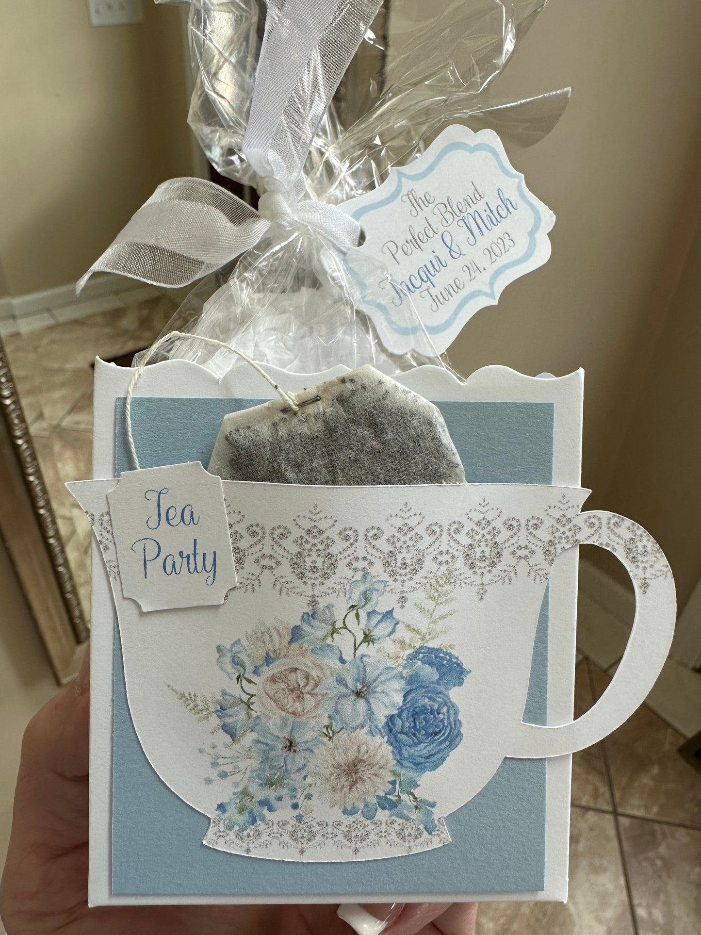 Beau-tea-ful Sky Blue 1 Tea Party Favor Box & Bag Wedding Bridal Baby Shower Birthday Special Corporate Event Planning Mother's Day 80th