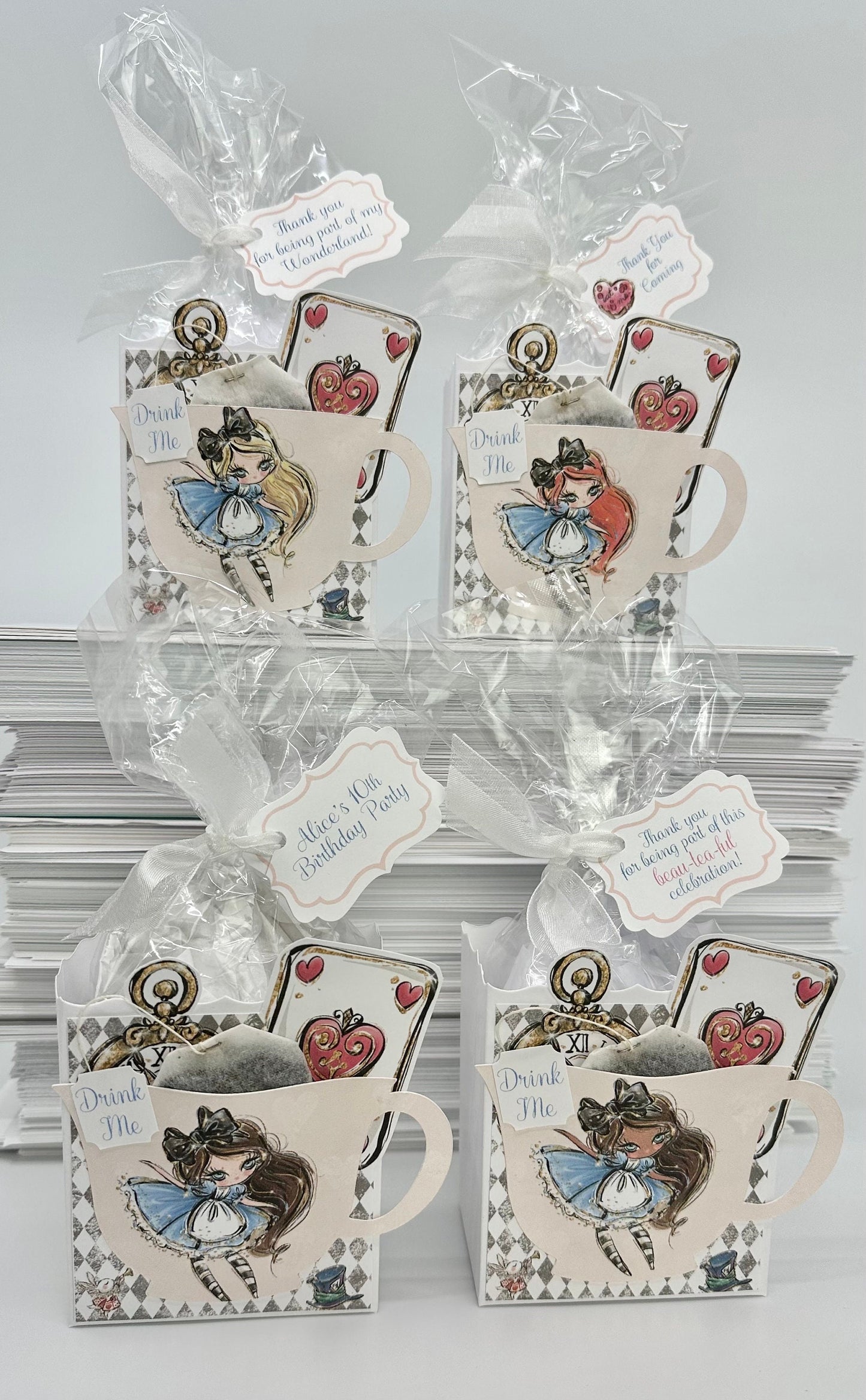 Alice in Wonderland Magical Enchanting Whimsical Tea Party Favors Gift Box & Bag Keepsake Bridal Baby Shower Birthday Adult Child set of 4