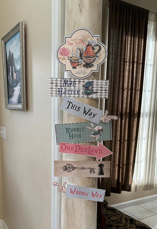 Alice in Wonderland Mad Hatter Whimsical Tea Party Directional Signs Pole or Wall Bridal Baby Shower Birthday Wedding Special Event