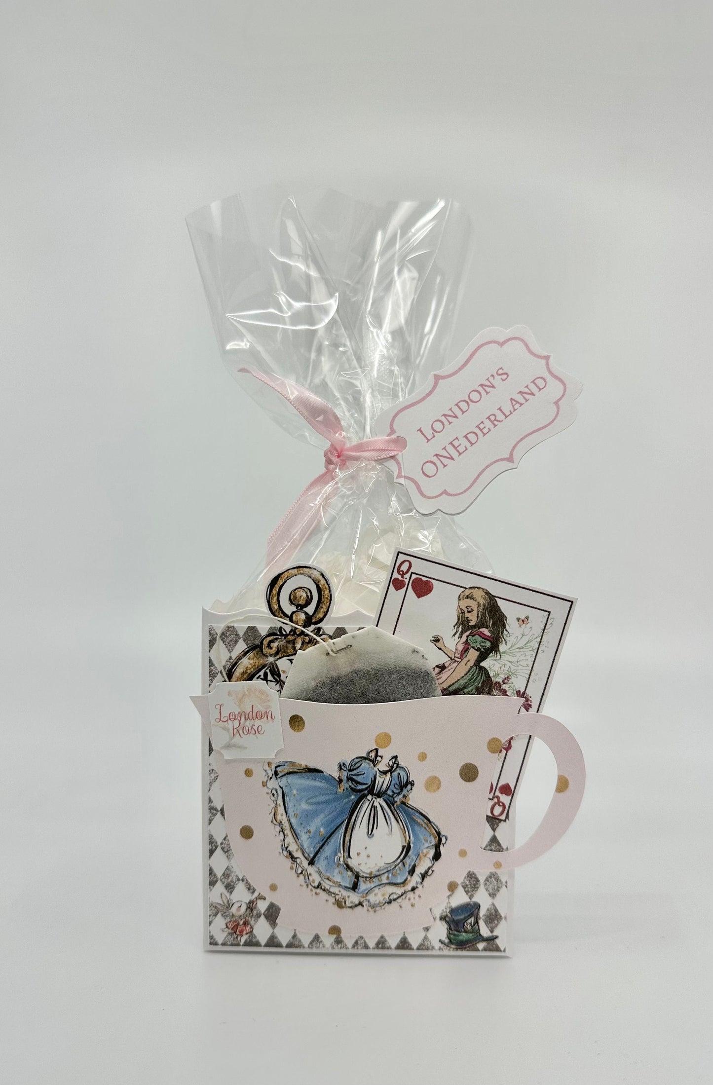 Set of 3 - Gold polka dot Shabby Chic Alice in Wonderland Tea Party Favors Gift Box & Bag - pink, purple and blue birthday baby shower