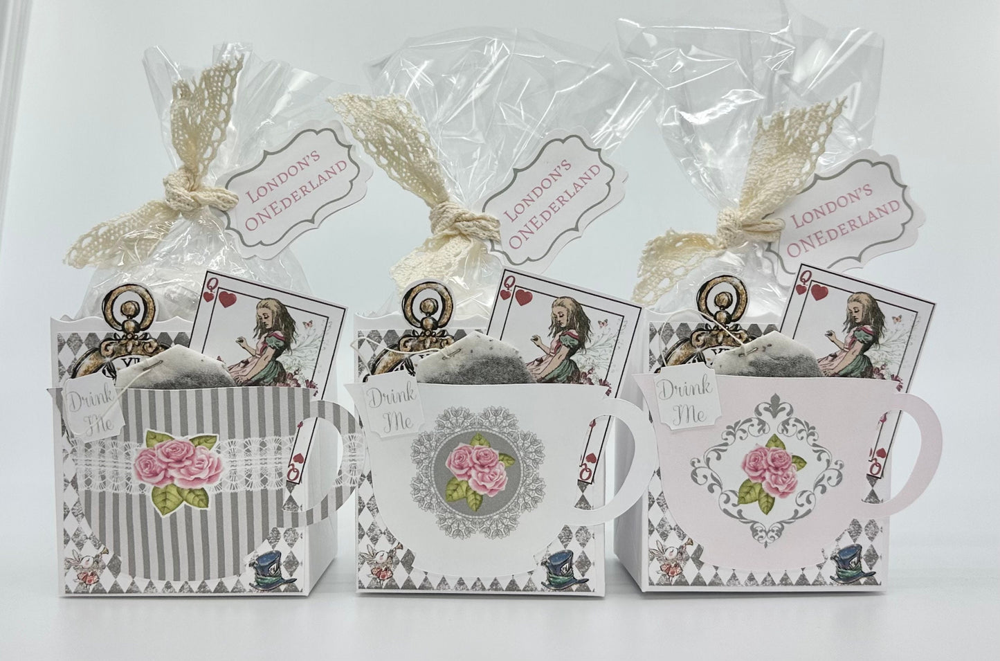 Alice in Wonderland Tea Party Favors London Rose Set of 3 for Baby Bridal Shower Birthday Special Corporate Events Planning