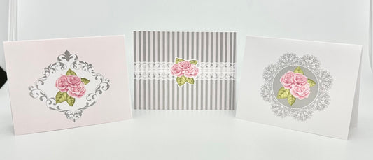 3 Blank London Rose Tea Party Note Greeting Cards French Parisian Shabby Chic Bridal Baby Shower Birthday Alice in Wonderland