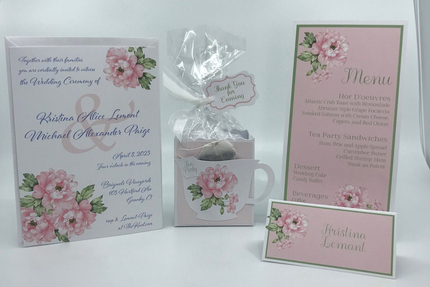 Pink Peony Wedding Invitation Ensemble Invitation Menu Tea Party Favor Gift Box & Bag Place Card Wedding Bridal Shower Birthday Adult