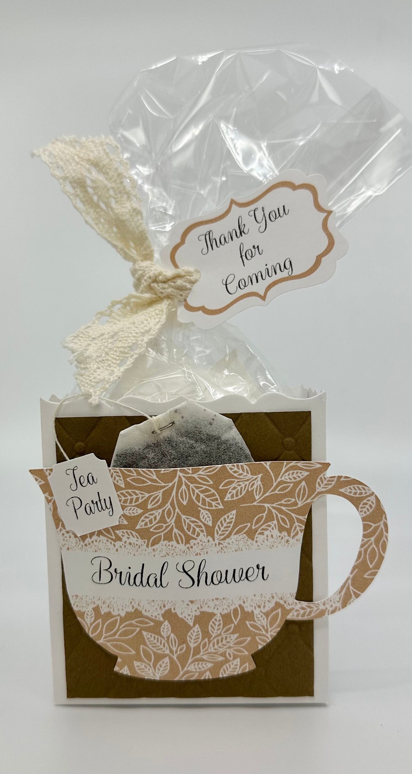 Beau-tea-ful White Stencil Leaves Tea Party Favor Gift Box & Bag for Wedding Bridal Shower Baby is Brewing Birthday or special event adult