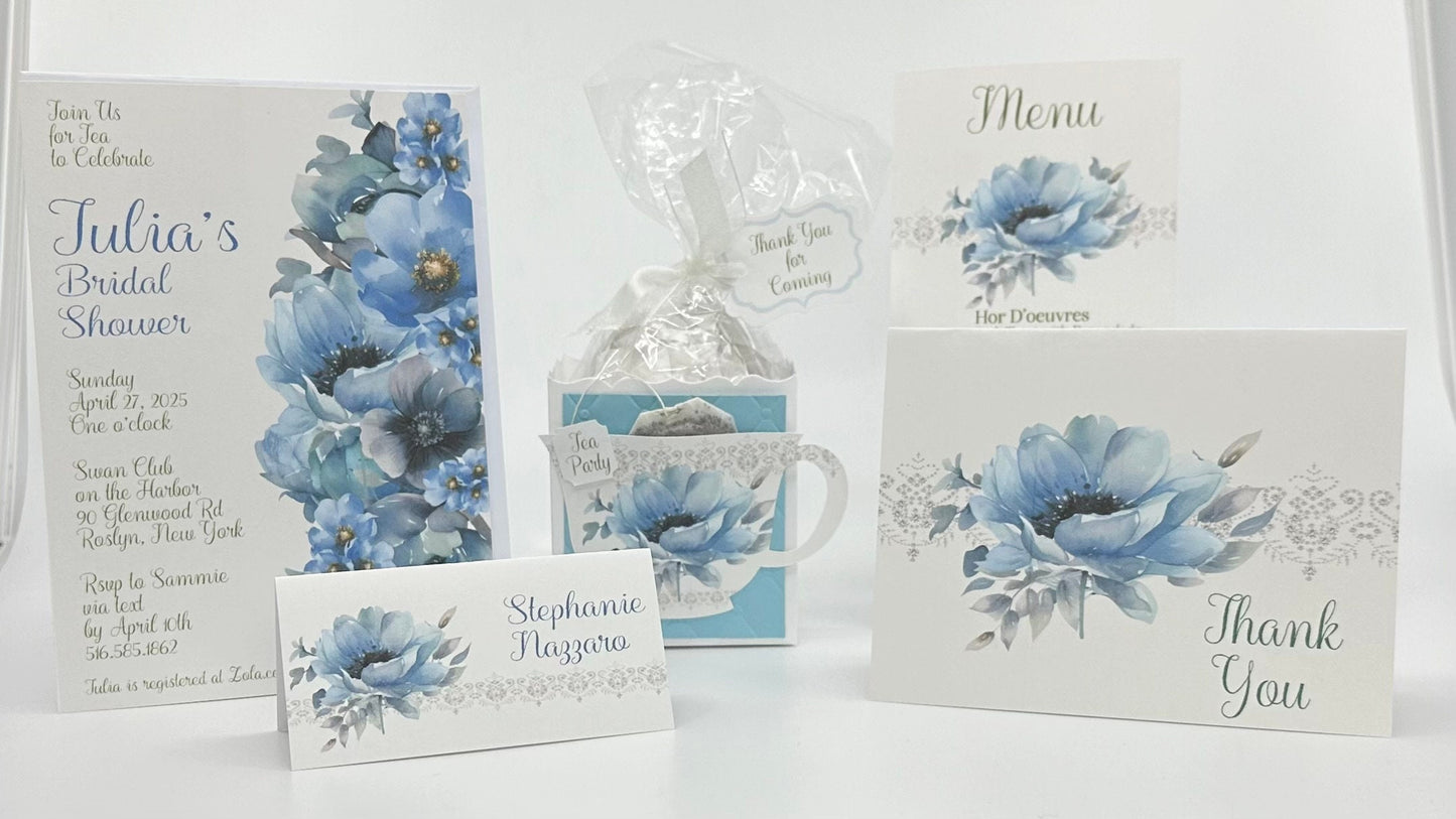 Blue Poppy Anemone Bouquet Tea Party Menu Bridal Shower
