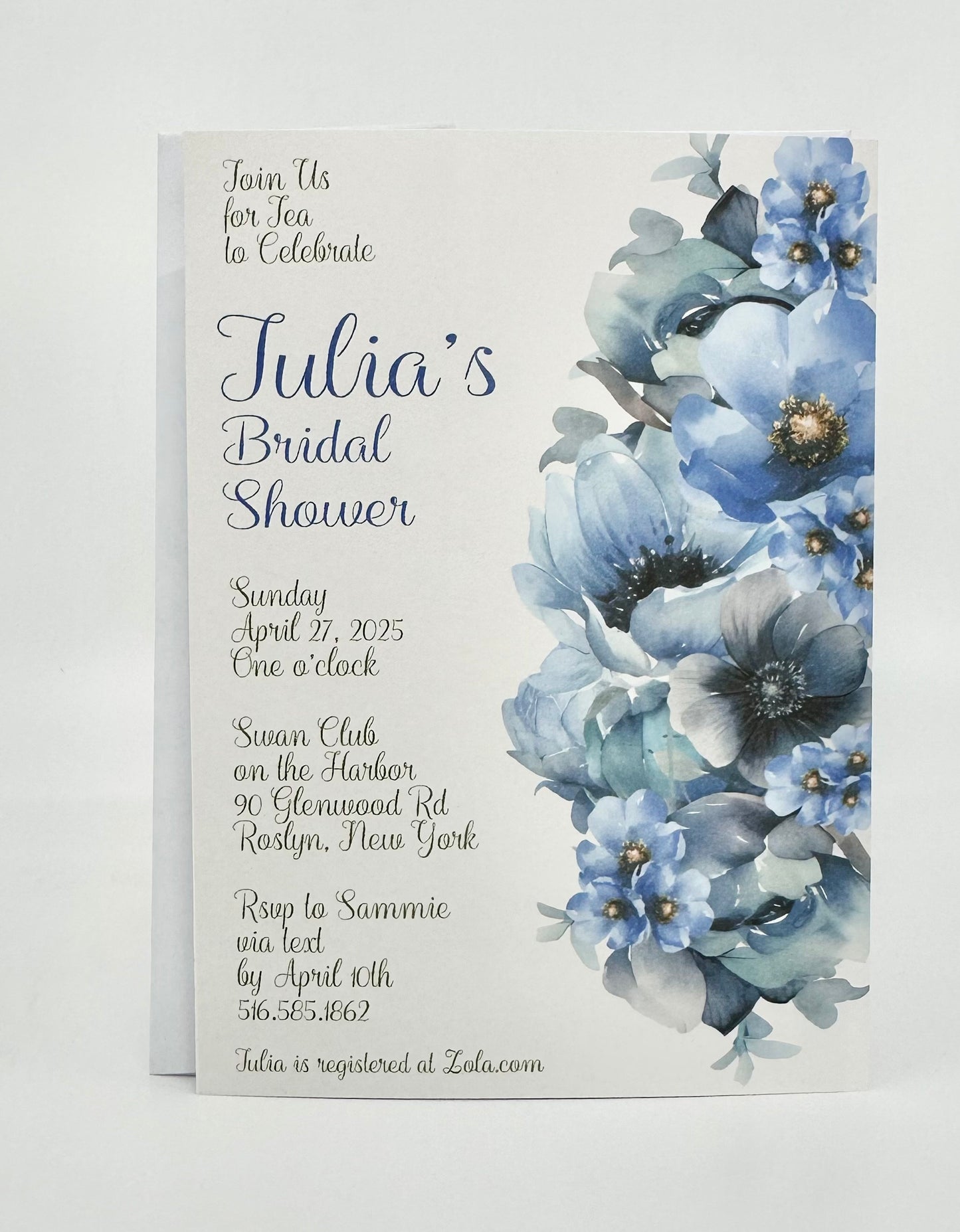 Blue Poppy Anemone Bouquet Tea Party Place Cards Table Seating Arrangement Bridal Shower