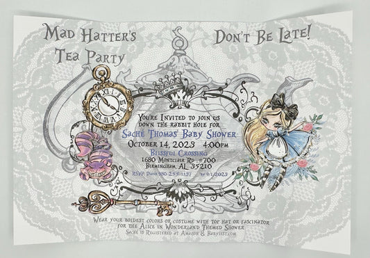 Cheshire Cat & Alice in Wonderland Whimsical Gatefold Invitations by PaperFascinator.com Bridal Baby Shower Birthday Special Event planning