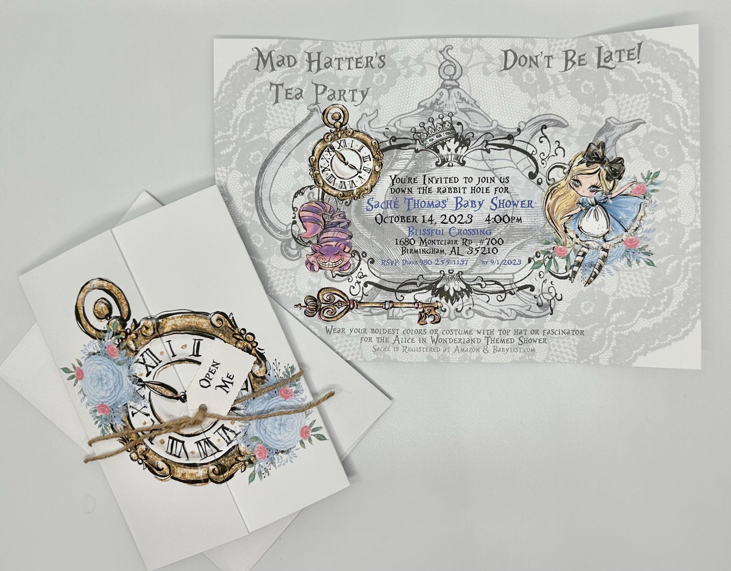 Cheshire Cat & Alice in Wonderland Whimsical Gatefold Invitations by PaperFascinator.com Bridal Baby Shower Birthday Special Event planning