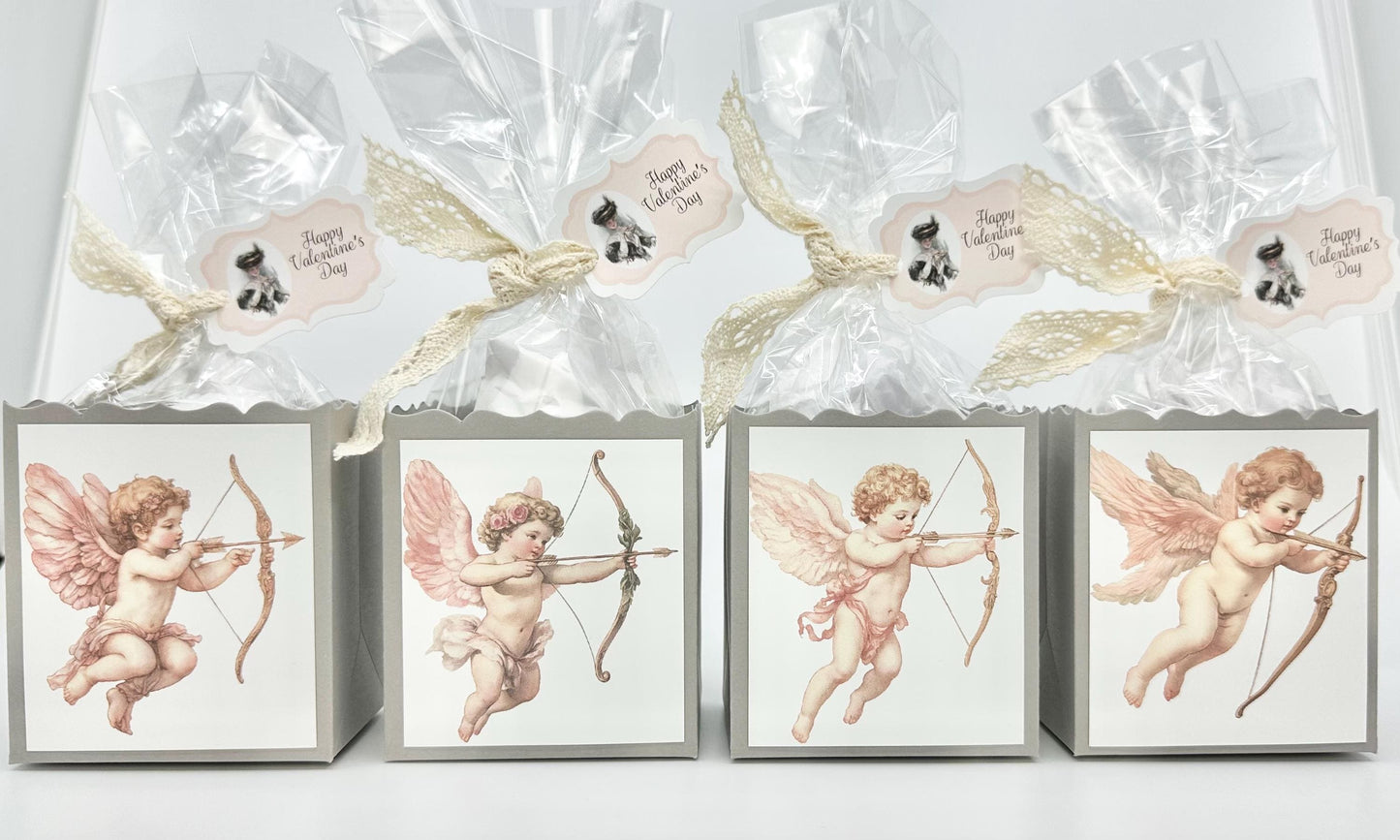 4 Pink Victorian Cupids with Bows on Grey Box Happy Valentine’s Day Tea Party Favors