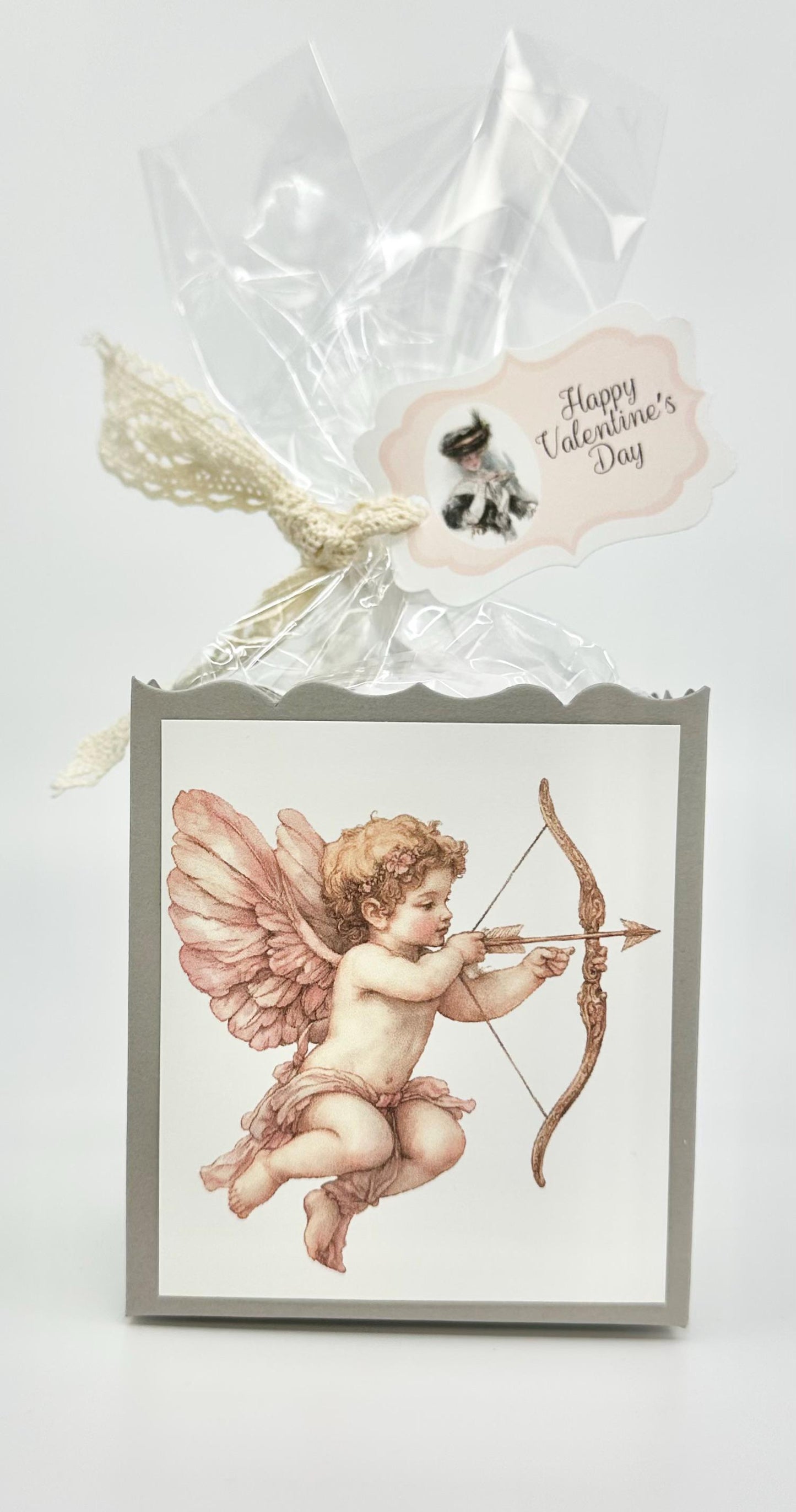 4 Pink Victorian Cupids with Bows on Grey Box Happy Valentine’s Day Tea Party Favors