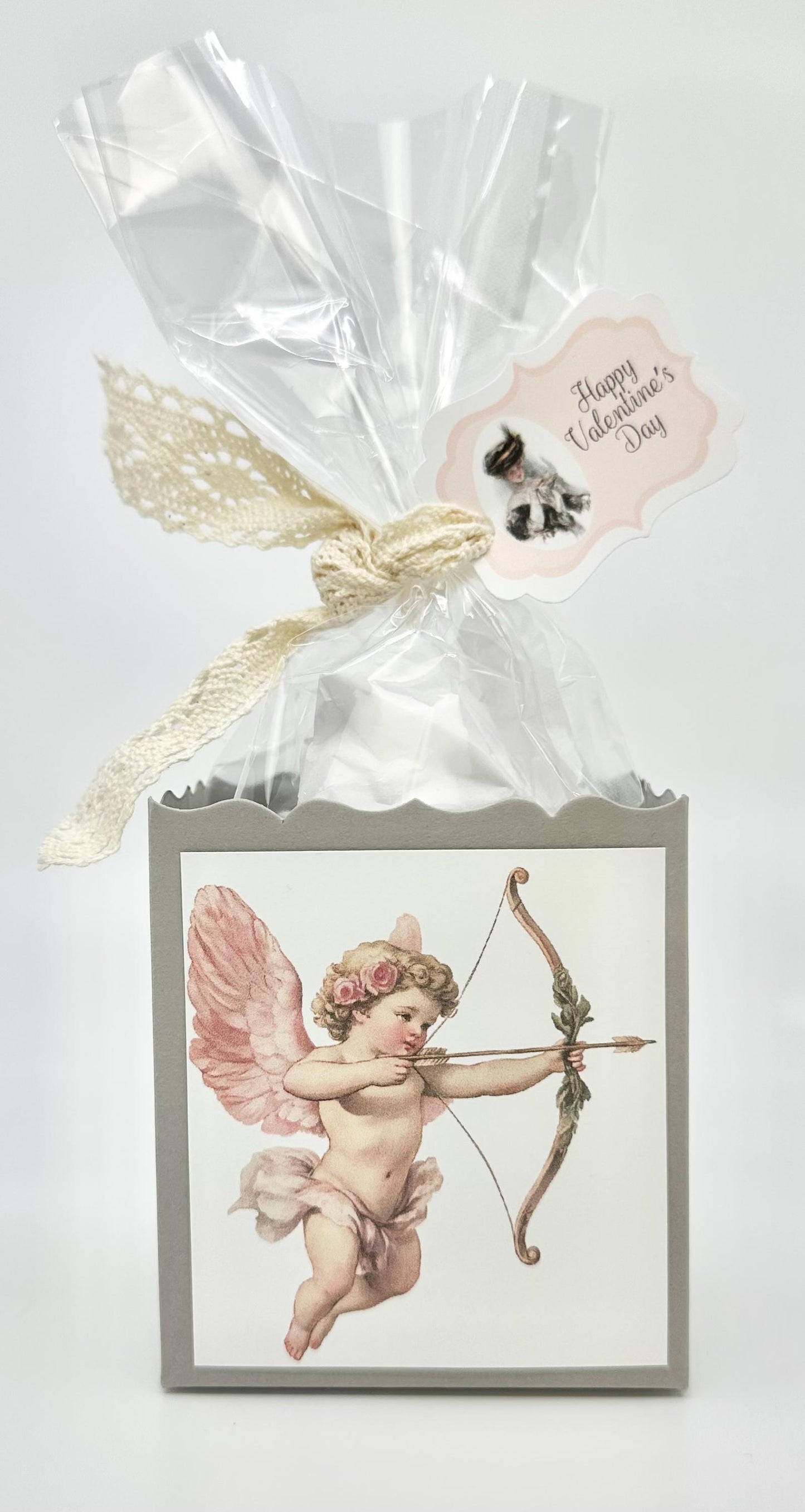 4 Pink Victorian Cupids with Bows on Grey Box Happy Valentine’s Day Tea Party Favors