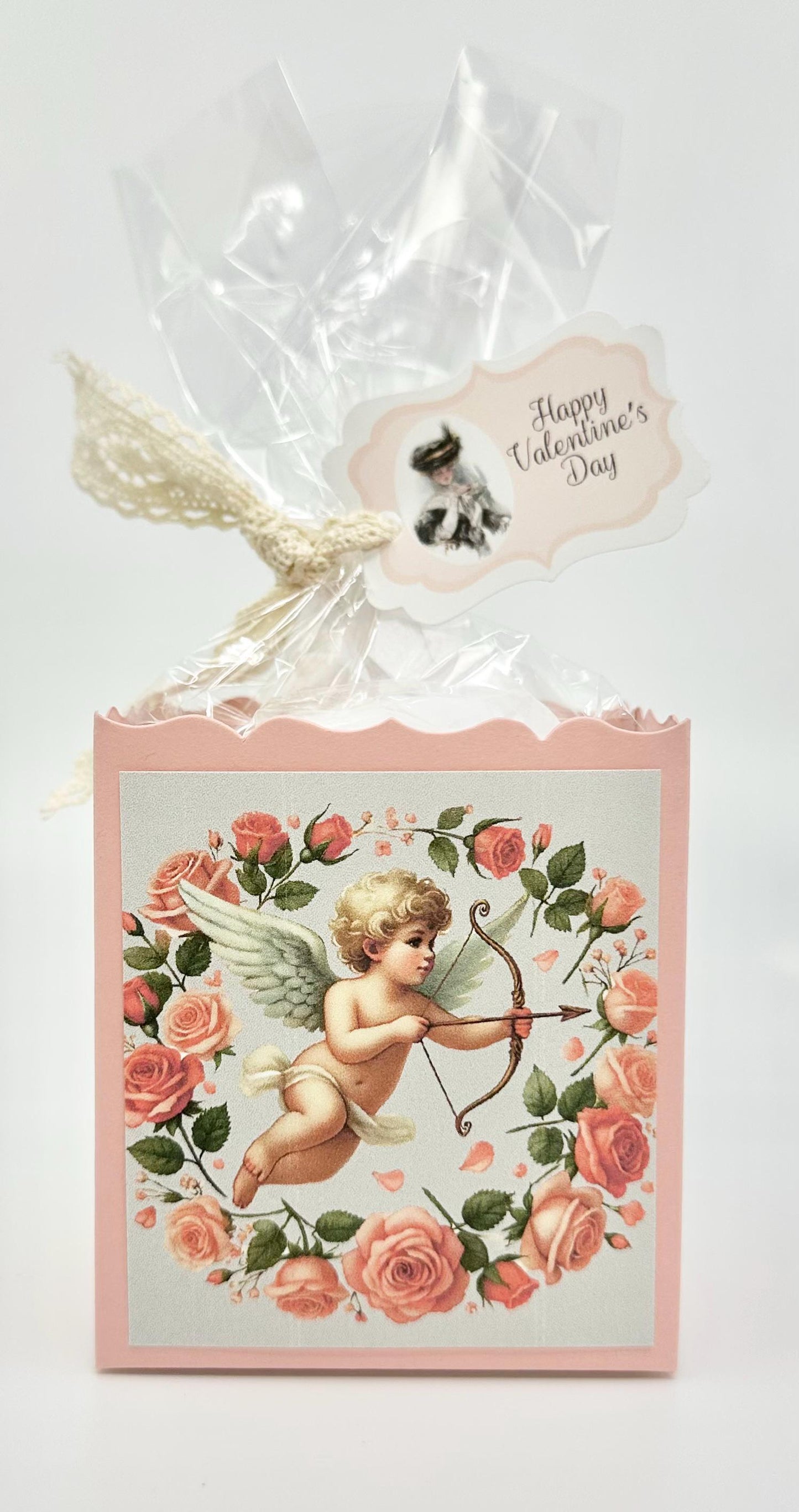 4 Sweetheart Victorian Cupids with Bows on Pink Box Happy Valentine’s Day Tea Party Favors