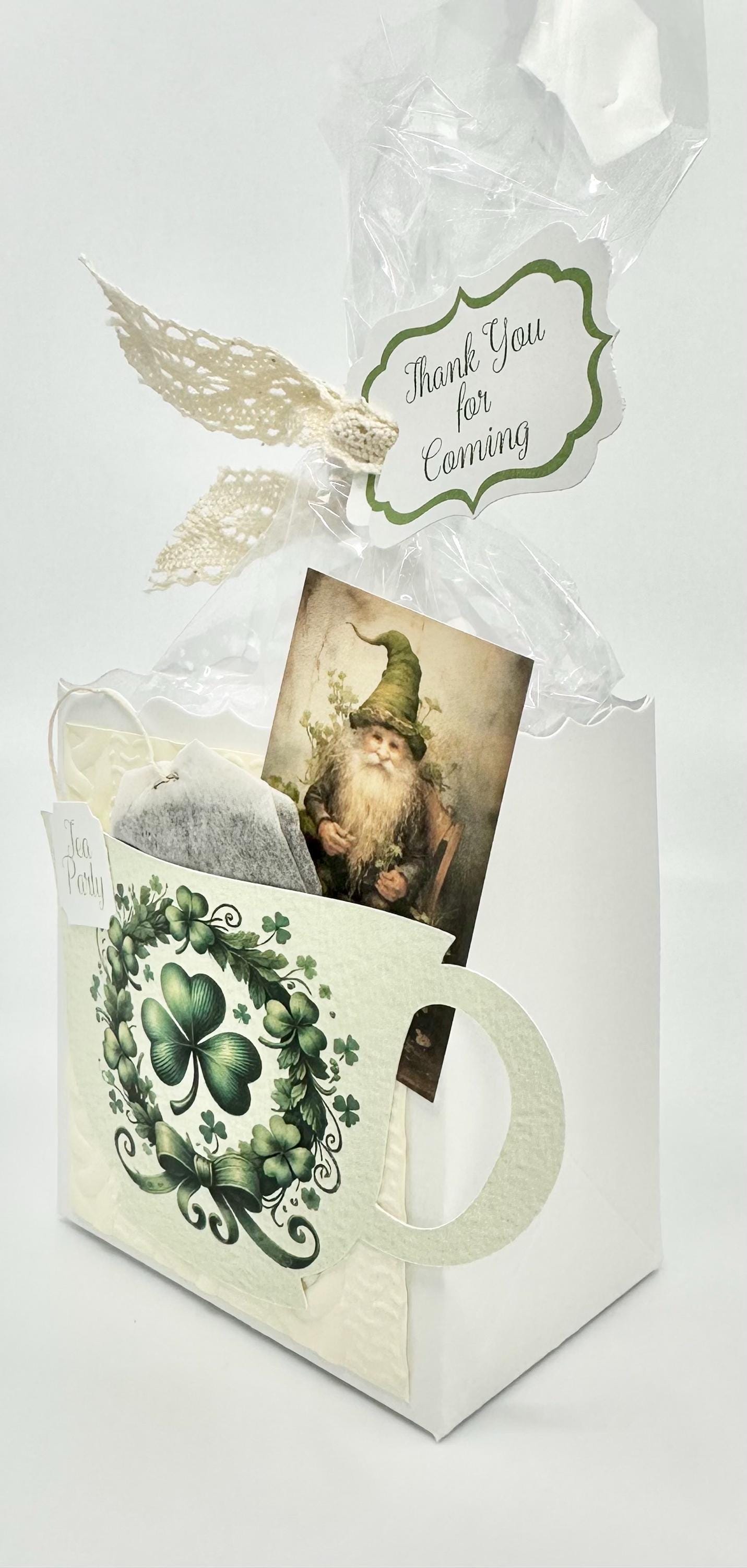 Irish Clover with Leprechaun card Tea Party Favor for bridal baby shower wedding birthday milestone St Patricks Day celebration