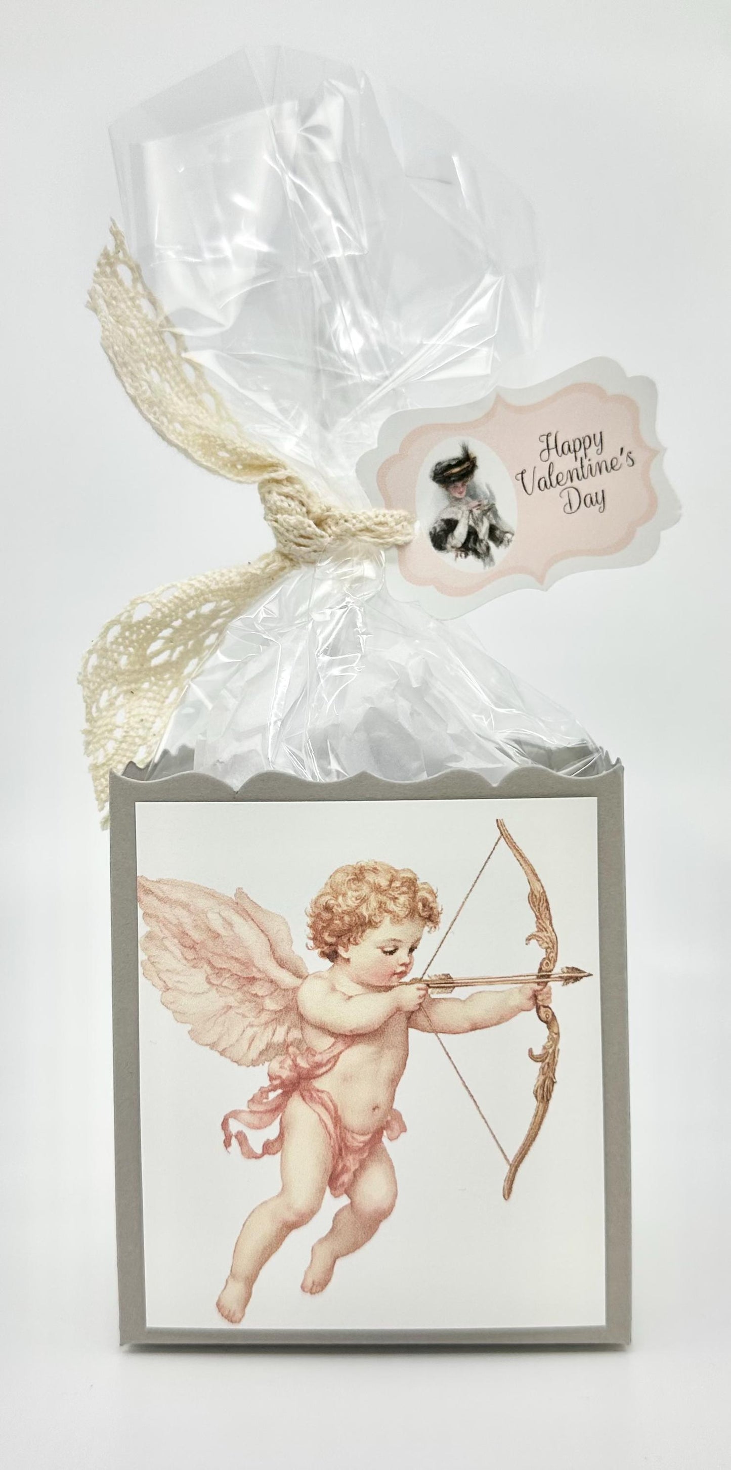 4 Pink Victorian Cupids with Bows on Grey Box Happy Valentine’s Day Tea Party Favors