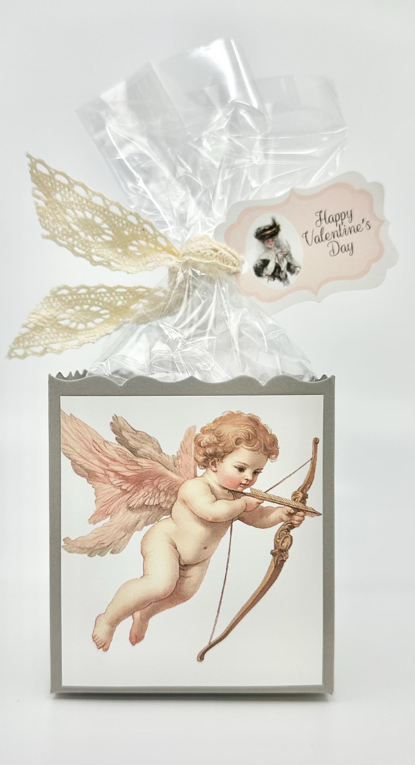 4 Pink Victorian Cupids with Bows on Grey Box Happy Valentine’s Day Tea Party Favors