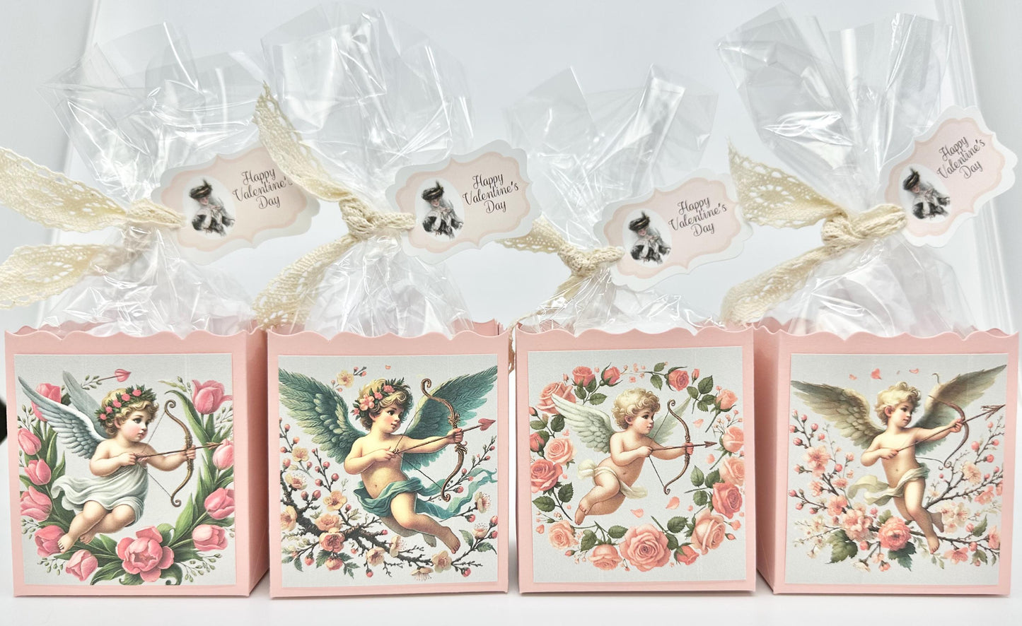 4 Sweetheart Victorian Cupids with Bows on Pink Box Happy Valentine’s Day Tea Party Favors