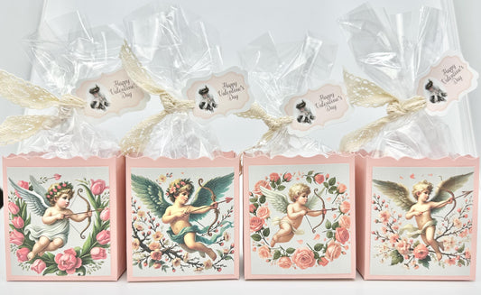 4 Sweetheart Victorian Cupids with Bows on Pink Box Happy Valentine’s Day Tea Party Favors