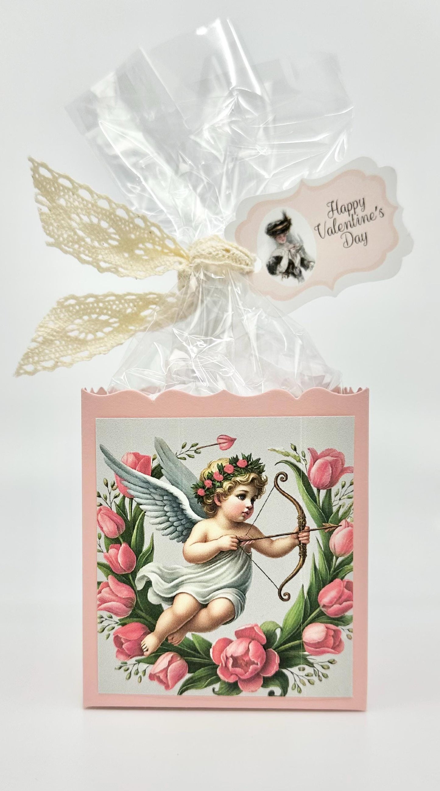 4 Sweetheart Victorian Cupids with Bows on Pink Box Happy Valentine’s Day Tea Party Favors