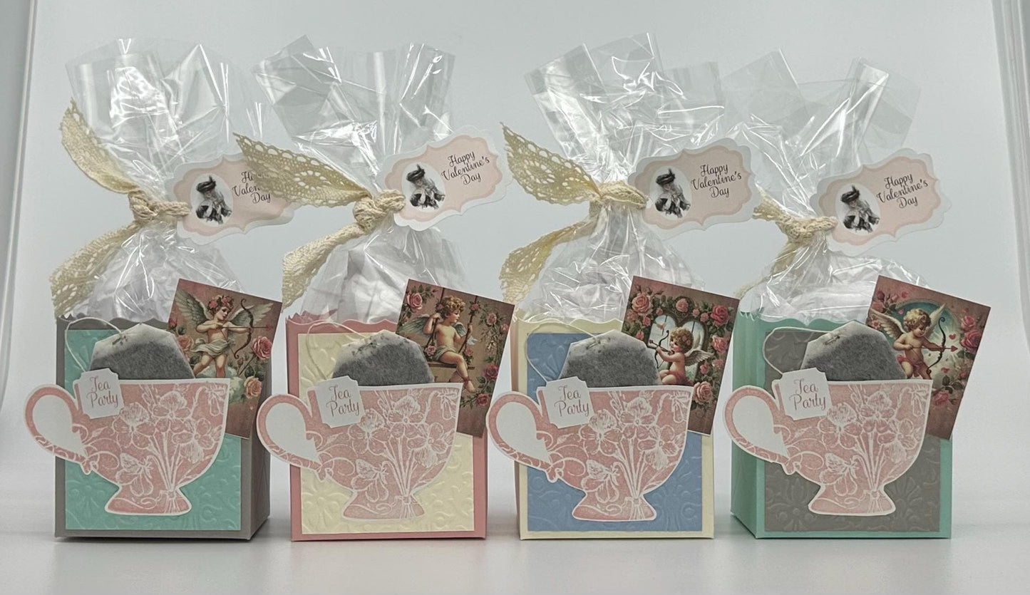 4 Victorian Cupids on various colored boxes Happy Valentine’s Day Tea Party Favors