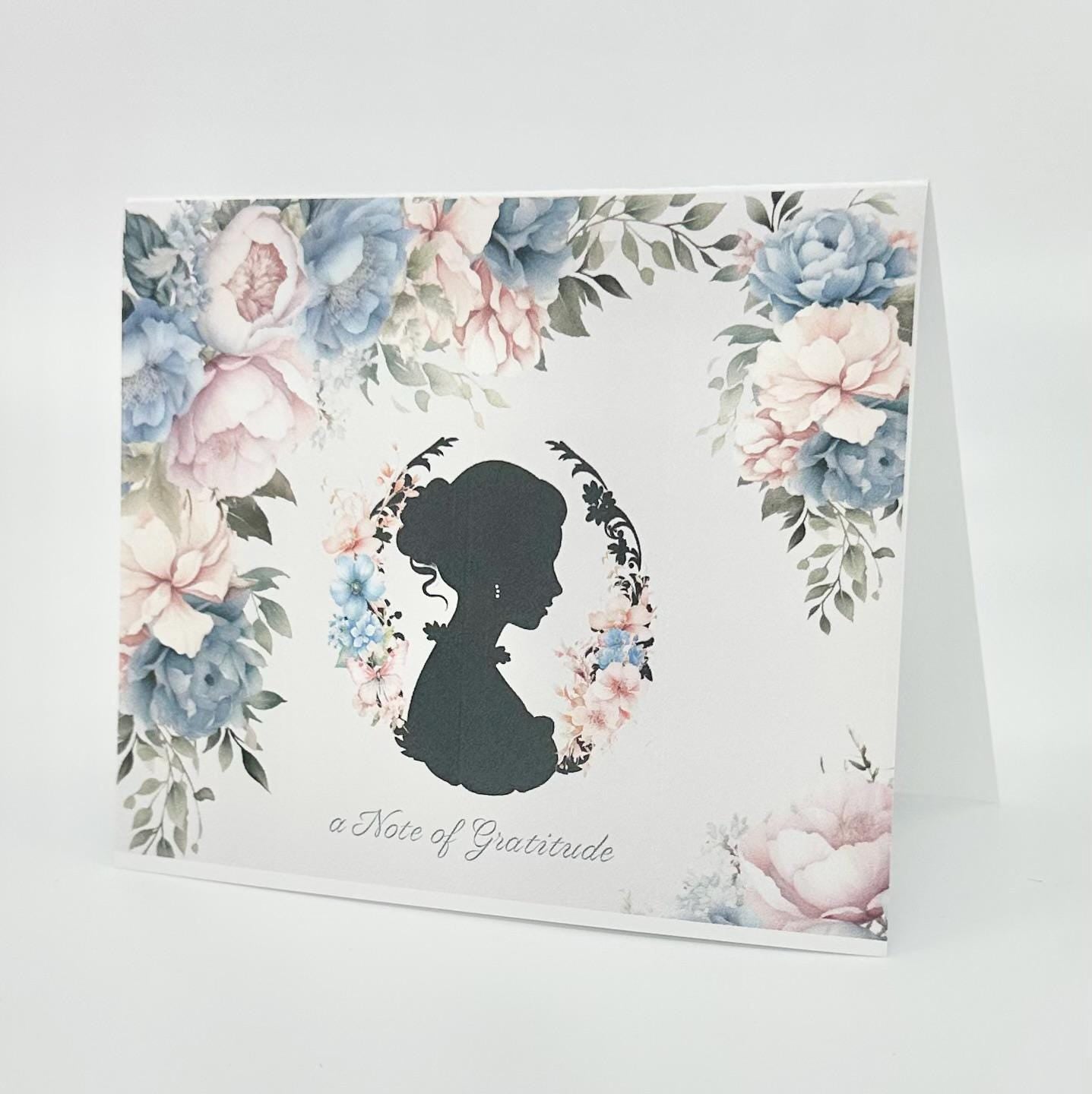 Silhouette Victorian Blue Pink & Cream Bouquet Tea Party Thank You Note Card