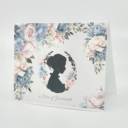 Victorian Silhouette Blue Pink & Cream Bouquet Tea Party Thank You Card