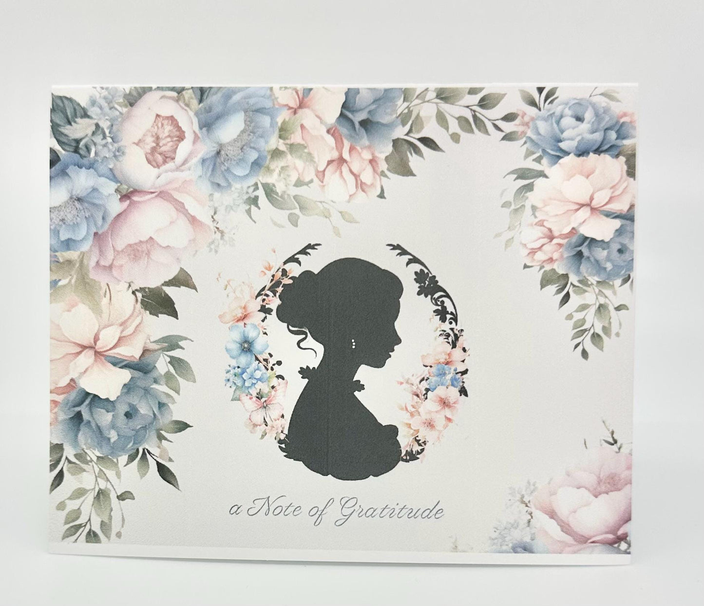 Silhouette Victorian Blue Pink & Cream Bouquet Tea Party Thank You Note Card