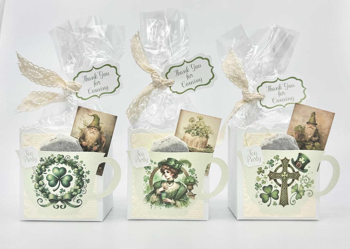 3 Irish Celtic St Patricks Day Tea Party Favors on white box for bridal baby shower birthday wedding milestone celebration