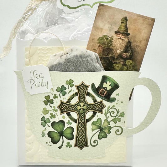 Irish Celtic Cross with Top Hat & Leprechaun Card Tea Party Favor for bridal baby shower wedding birthday milestone St Patricks Day