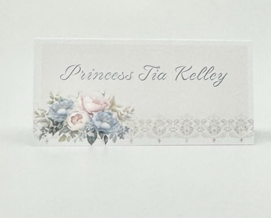Blue Pink and Cream Victorian Tea Party Place cards by The Paper Fascinator for Bridal Baby Shower Wedding Birthday Special Event Planning