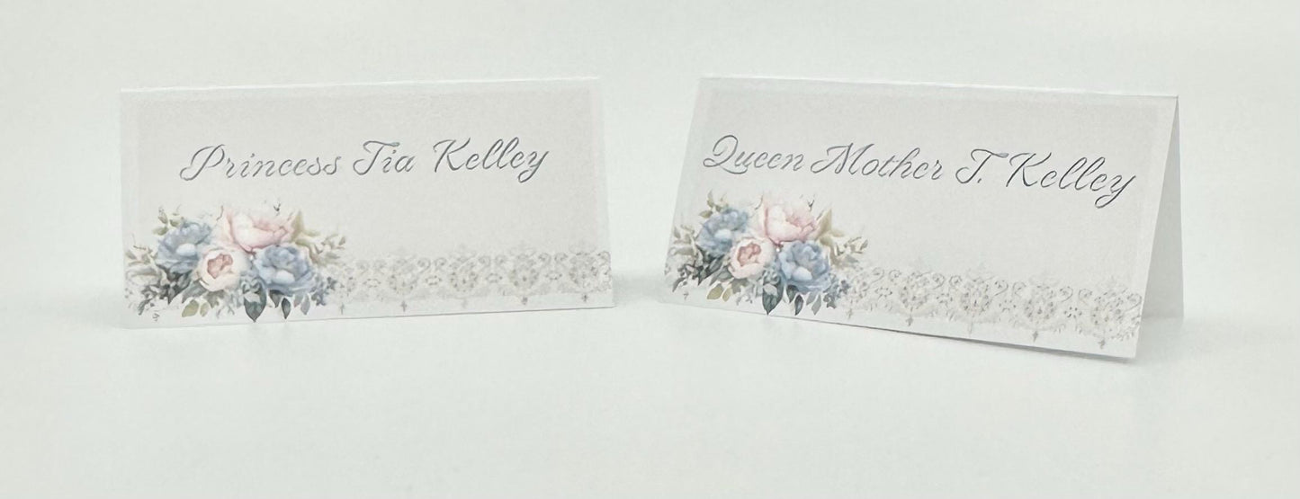 Blue Pink and Cream Victorian Tea Party Place cards by The Paper Fascinator for Bridal Baby Shower Wedding Birthday Special Event Planning
