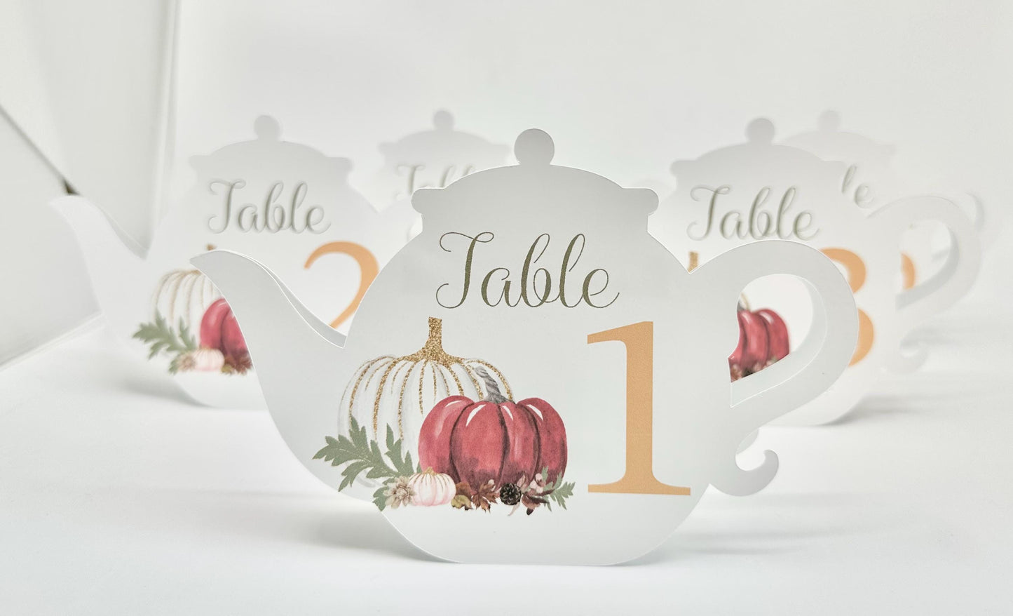 White Pumpkin Autumn Fall Teapot Table Assignment Signs by Paper Fascinator for Bridal Baby Shower Birthday Special Events