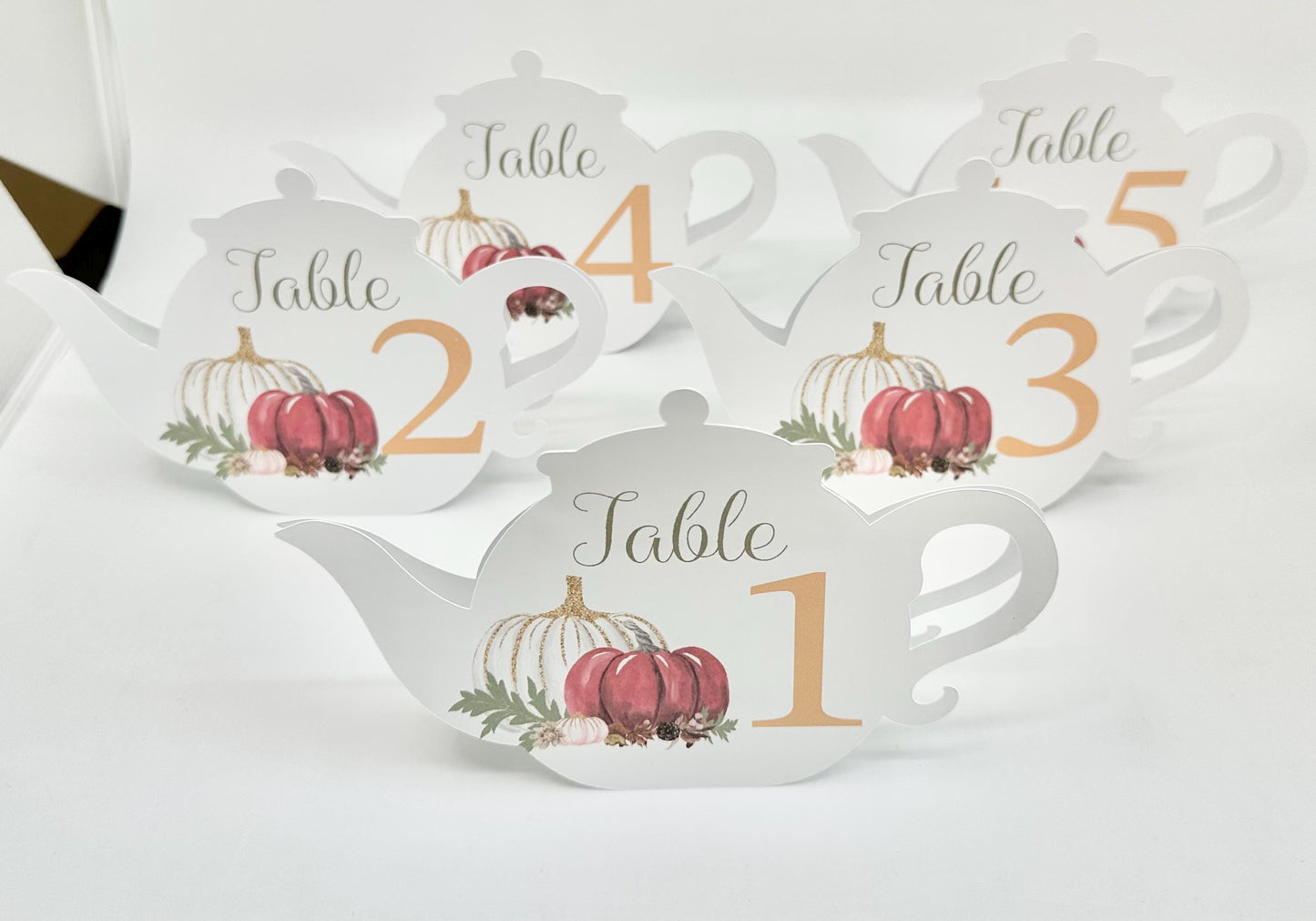 White Pumpkin Autumn Fall Teapot Table Assignment Signs by Paper Fascinator for Bridal Baby Shower Birthday Special Events