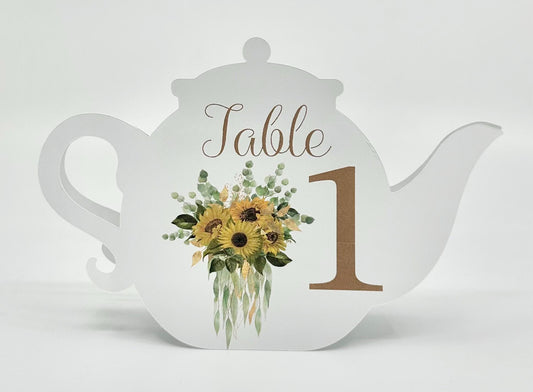 Sunflowers and Eucalyptus Flower Bouquet Teapot Table Assignment Signs by Paper Fascinator for Bridal Baby Shower Birthday Events