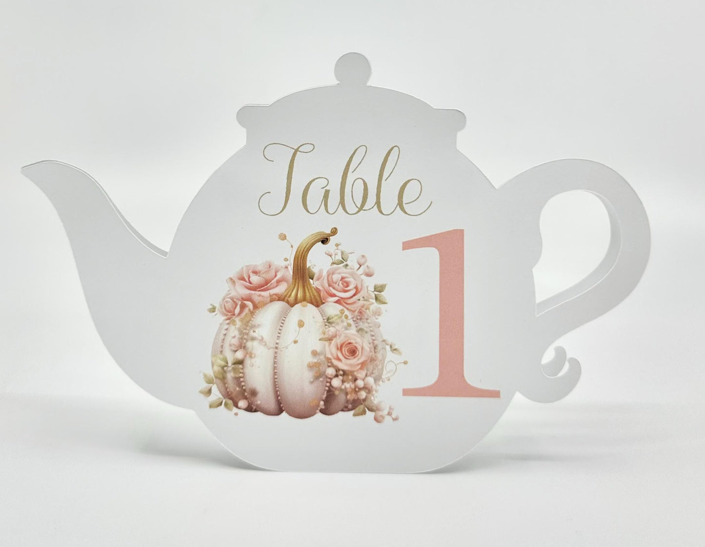 White Pumpkin with Pearls & Pink Roses Tea Party Ensemble Teapot Table Assignment Signs by Paper Fascinator for Bridal Baby Shower Birthday