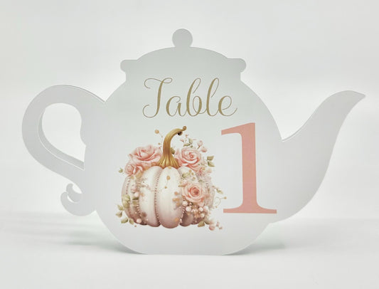 White Pumpkin with Pearls & Pink Roses Tea Party Ensemble Teapot Table Assignment Signs by Paper Fascinator for Bridal Baby Shower Birthday