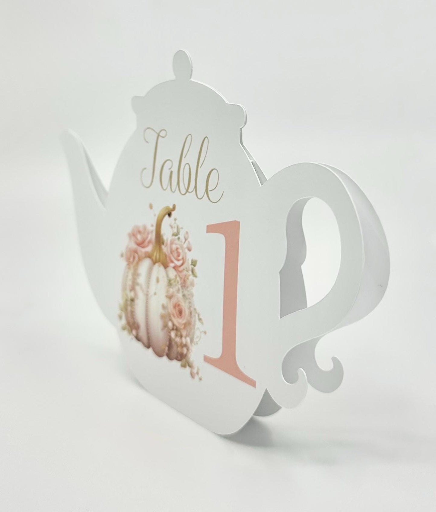 White Pumpkin with Pearls & Pink Roses Tea Party Ensemble Teapot Table Assignment Signs by Paper Fascinator for Bridal Baby Shower Birthday