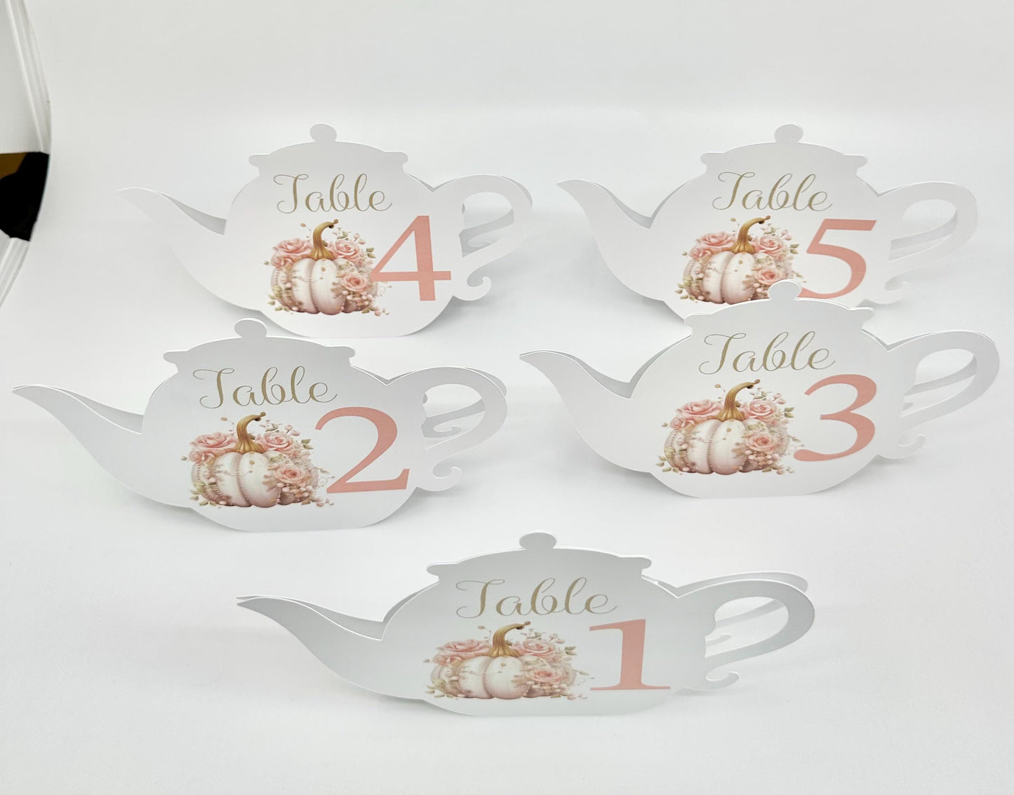 White Pumpkin with Pearls & Pink Roses Tea Party Ensemble Teapot Table Assignment Signs by Paper Fascinator for Bridal Baby Shower Birthday